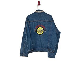 Hard Rock Cafe Vintage Denim Bomber Jacket Men's XL Blue Embroidered Button-Up